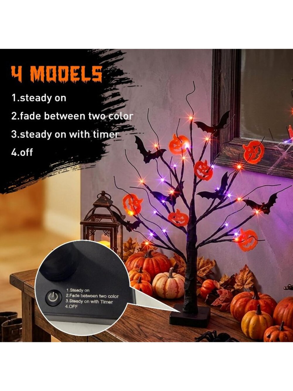 New 22 Inch Halloween Black Tree 24 LED Orange Purple Lights Timer Decor - Picture 2 of 7